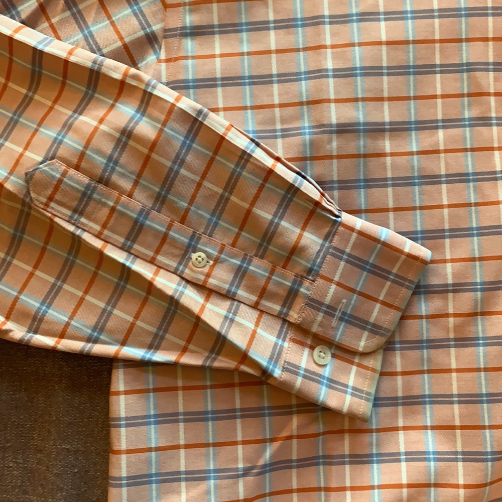 Brooks Brothers Large Polo shirt Long Sleeved Peach, Orange, Blue, and White.